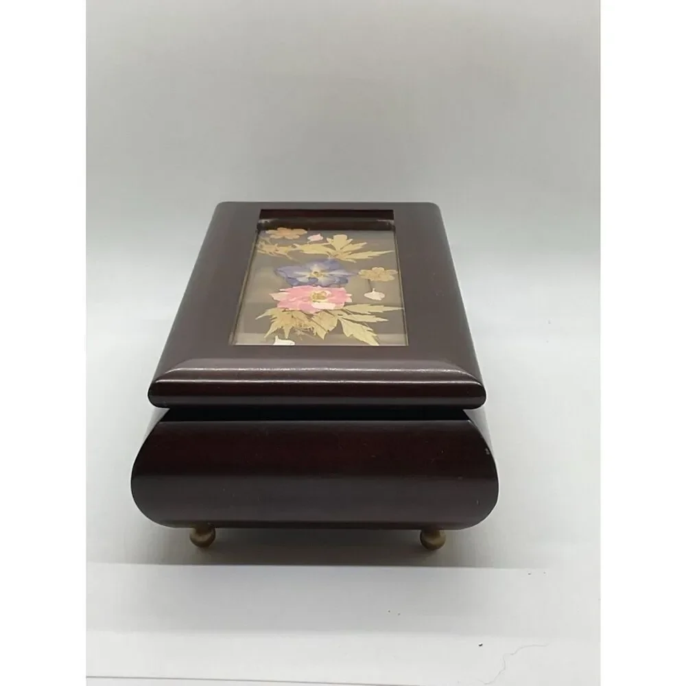 Vintage Bombay Company Floral Inlay Wooden Music Box - Plays Love story